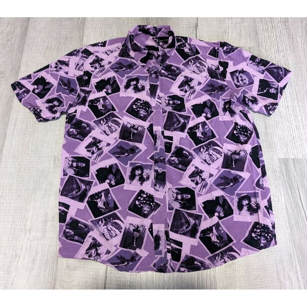 Beetlejuice Men's Button Up Shirt Size Small Purple Black Short Sleeve